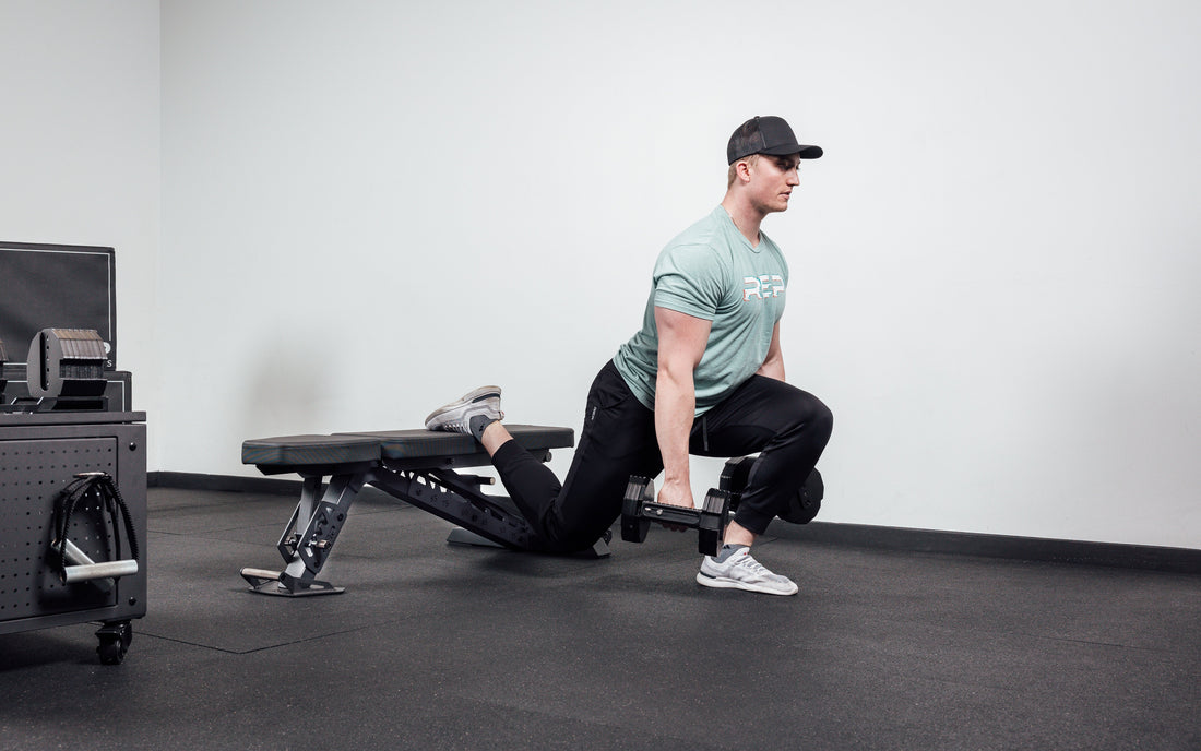 Athlete does a Bulgarian split squat.