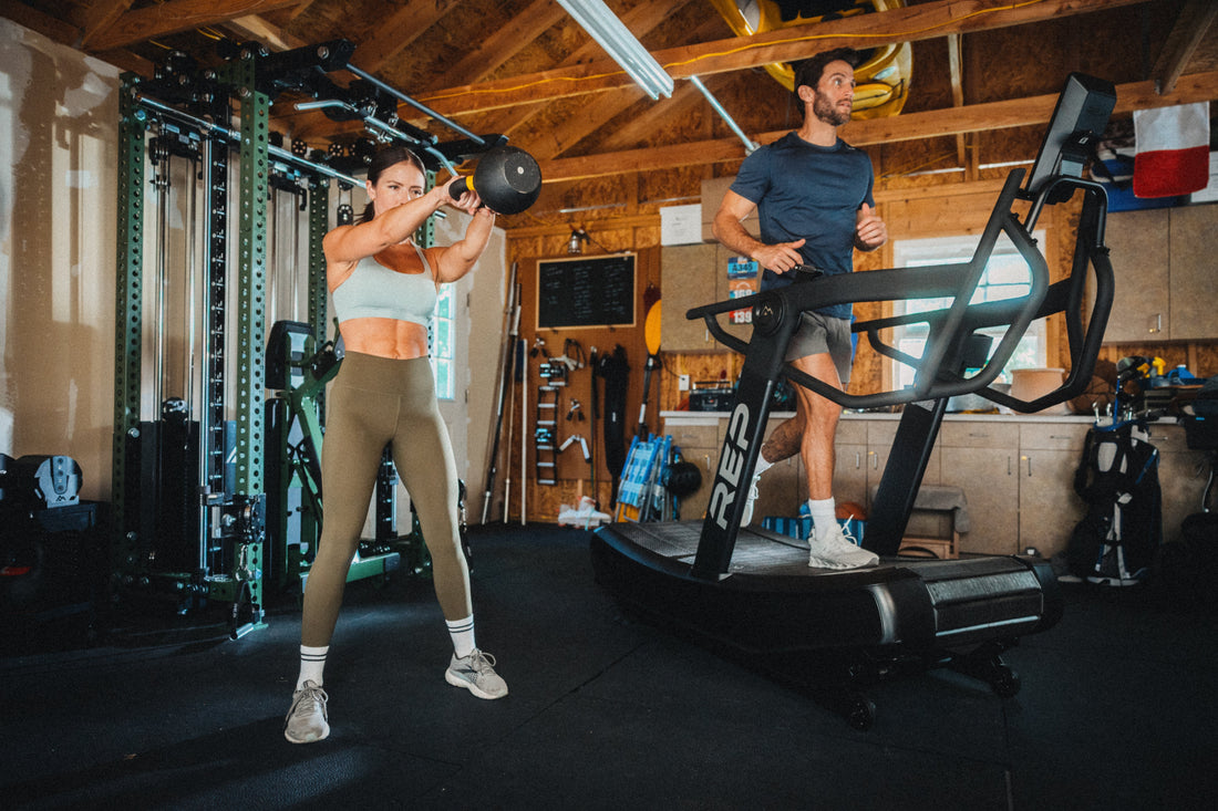 Athletes work with a REP kettlebell and the Strive™ Curved Treadmill.