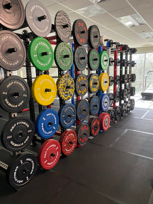 Weight plates at the REP California showroom