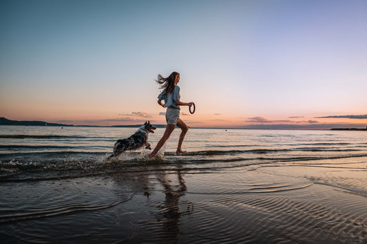 Woman runs along the shore with a frisbee and her dog.