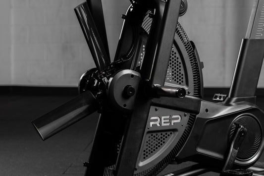 A look inside the Strive™ Air Bike with VPR™ technology, showing the adjustable fan blades.