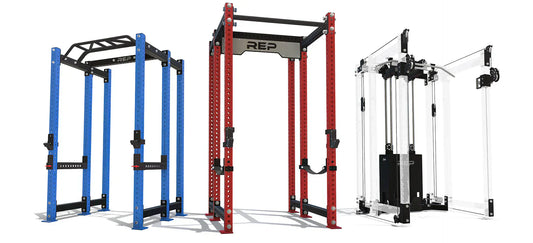 A view of three racks, side by side, from REP Fitness.