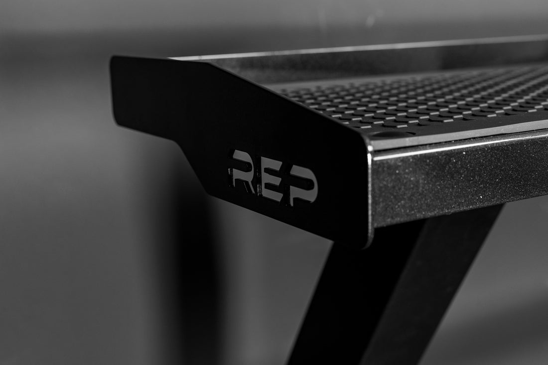Close-up shot of the REP Fitness branding on the Kettlebell Rack 2.0