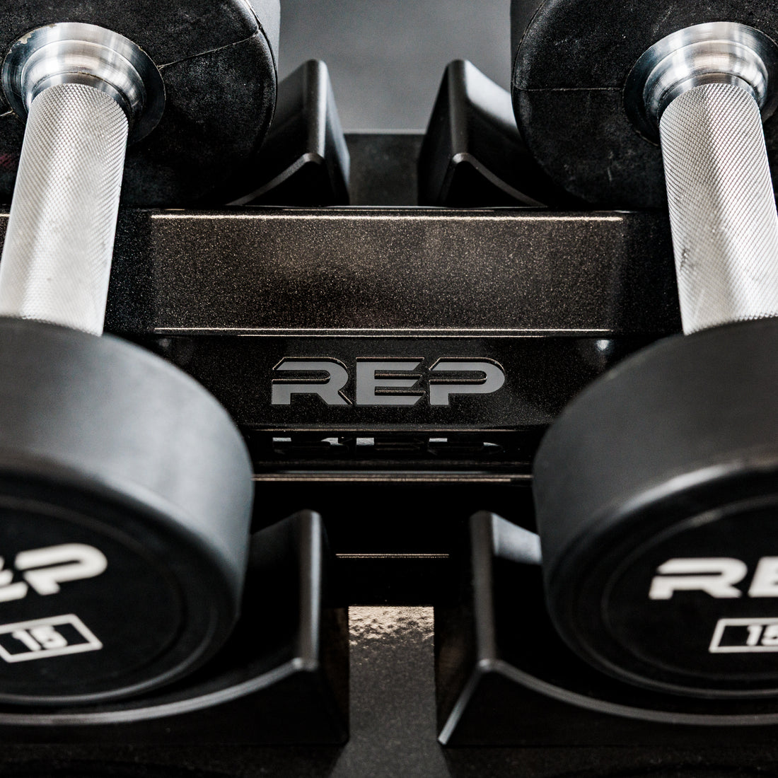 Close-up of the branding on the REP Fitness Commercial Dumbbell round dumbbell Rack