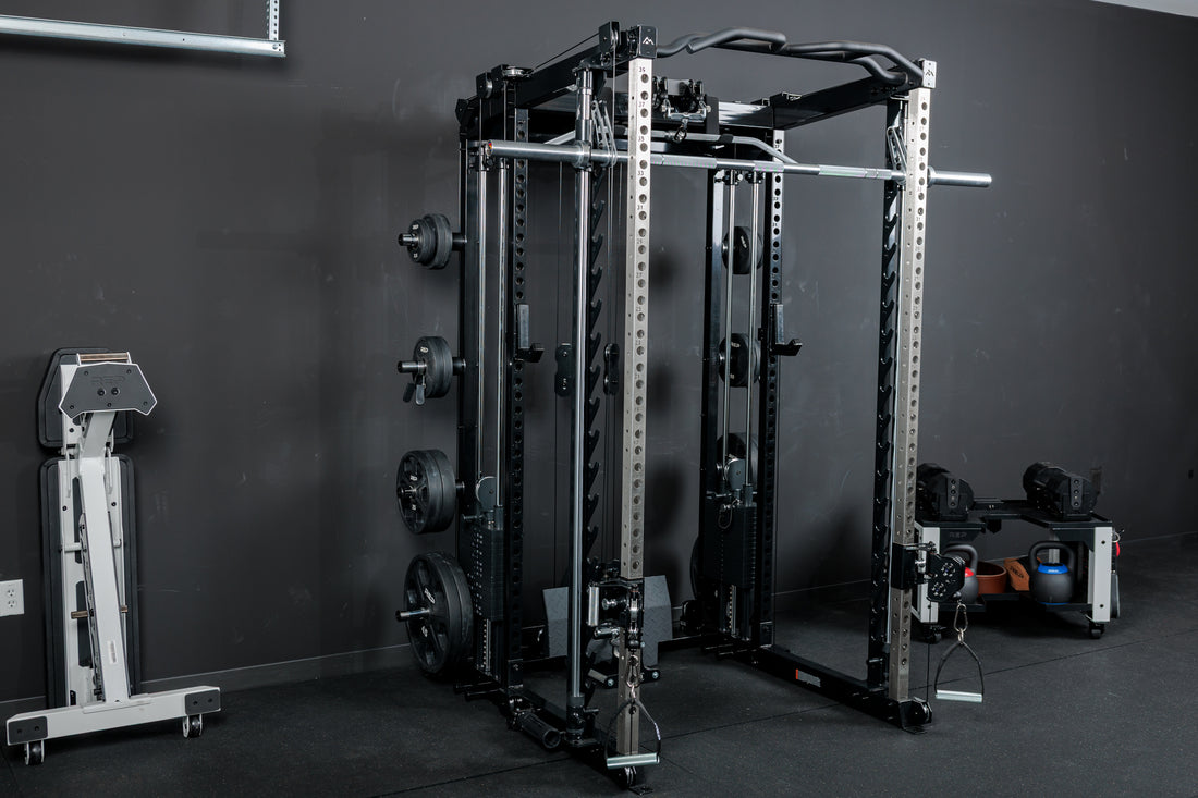 The REP Fitness Altitude™ Power Rack with both the Cable Attachment and Smith Machine Attachment in a home gym