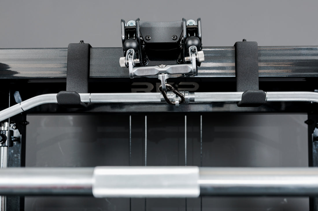Close-up of the safeties 2-to-1 connector on the REP Fitness Altitude™ Power Rack Cable Attachment