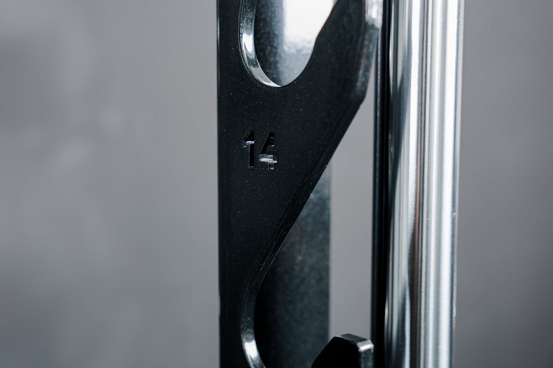 Close-up of the numbering on the REP Fitness Altitude™ Power Rack Smith Machine Attachment