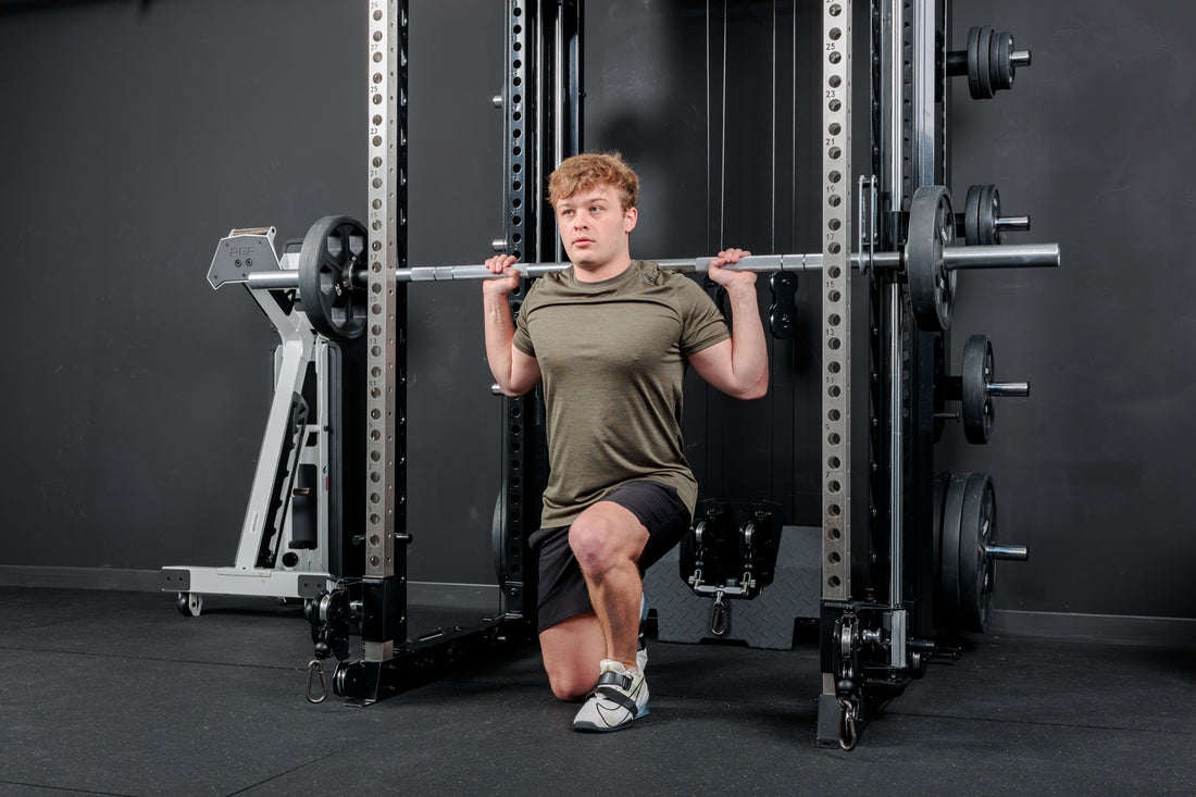 Athlete using the REP Fitness Altitude™ Power Rack Smith Machine Attachment for lunges