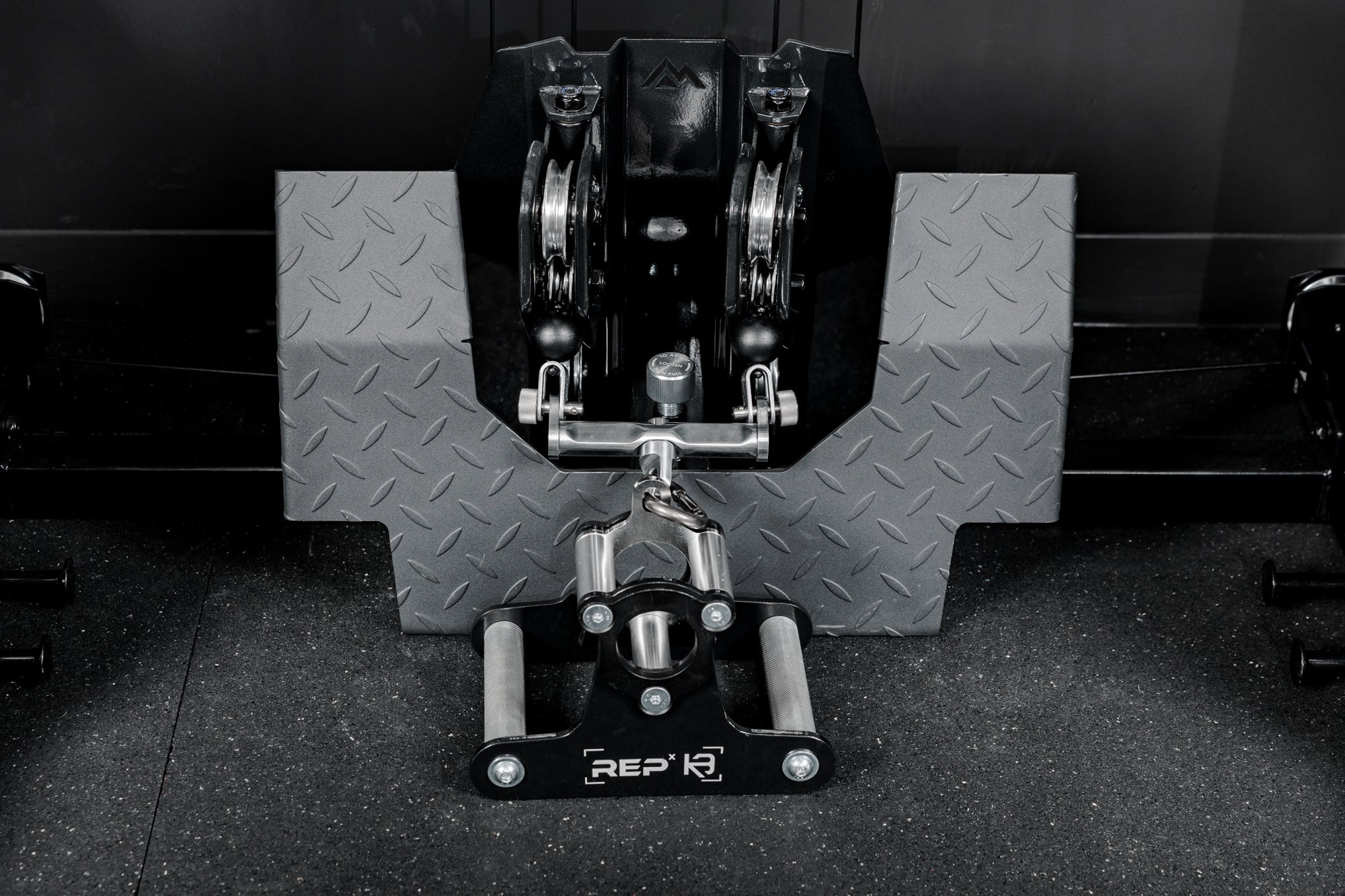 Close-up of the low row footplate on the REP Fitness Altitude™ Power Rack Cable Attachment