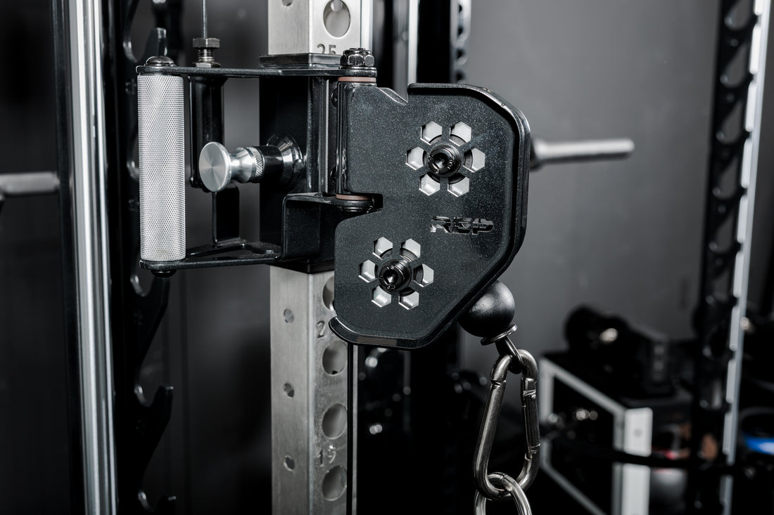 Close-up of the trolleys on the REP Fitness Altitude™ Power Rack Cable Attachment