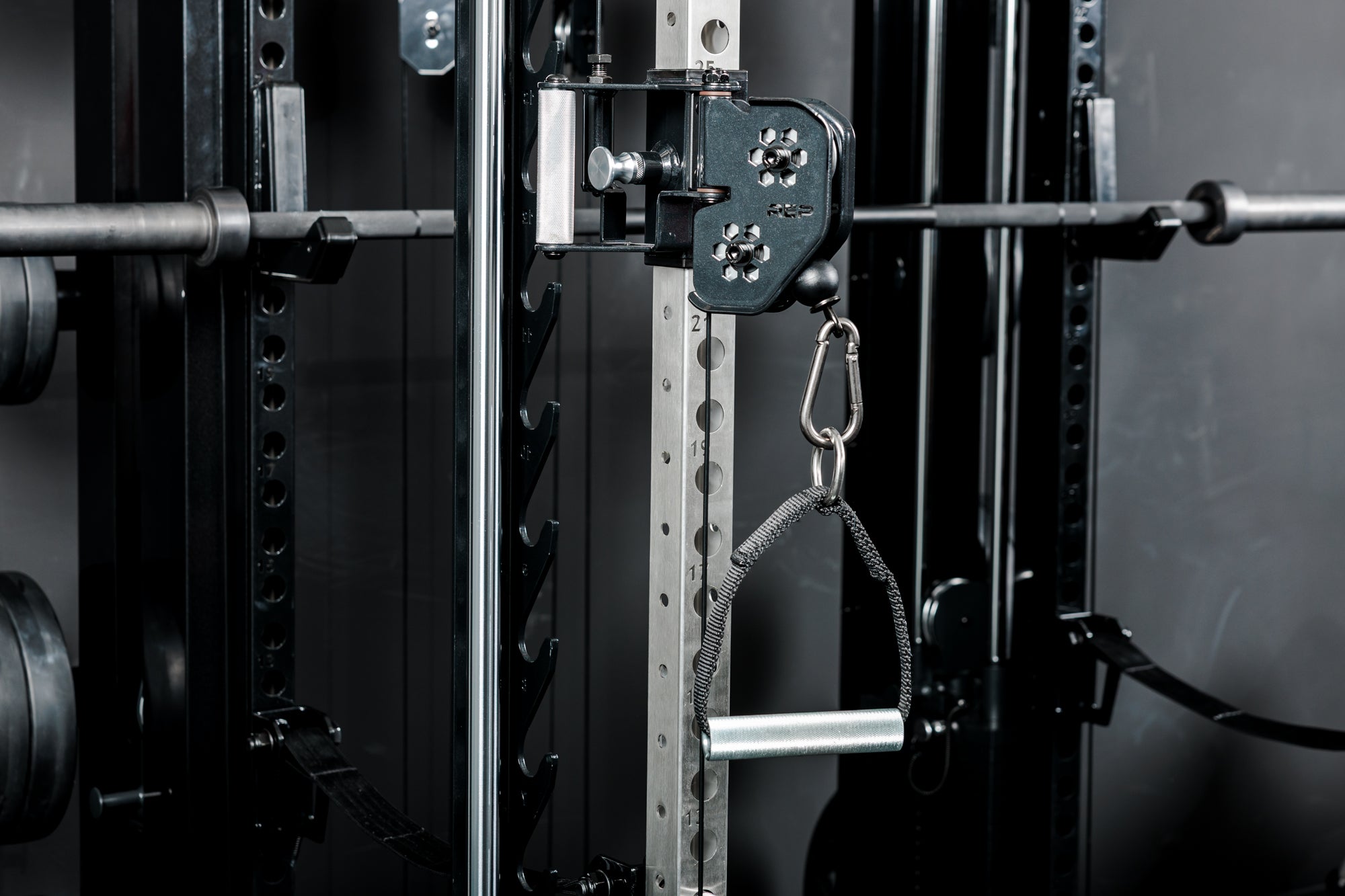 Close-up of the D-Handle attachment on the REP Fitness Altitude™ Power Rack Cable Attachment