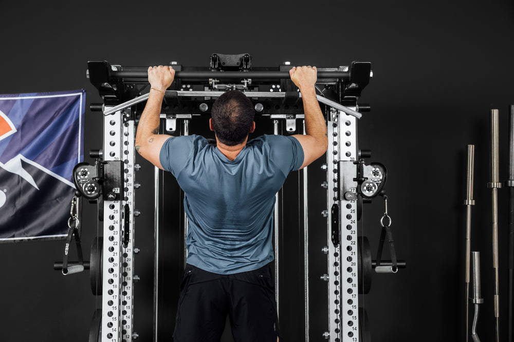 Close-Up of  Pull-Ups being performed on Ares 2.0 4-Post Pull-Up Bar and Pull-Up Bar Extension Brackets 