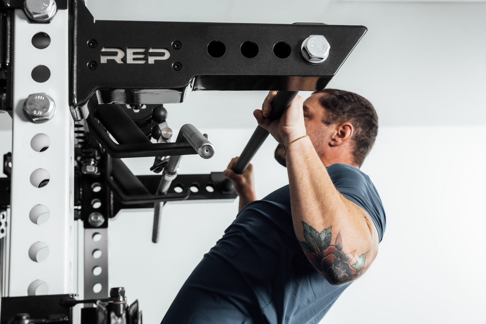 Close-Up of  Pull-Ups being performed on Ares 2.0 4-Post Pull-Up Bar and Pull-Up Bar Extension Brackets 