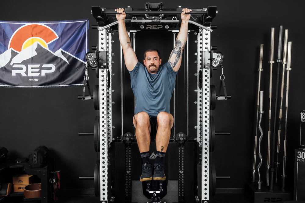 Close-Up of  Hanging Knee Raises being performed on Ares 2.0 4-Post Pull-Up Bar and Pull-Up Bar Extension Brackets 