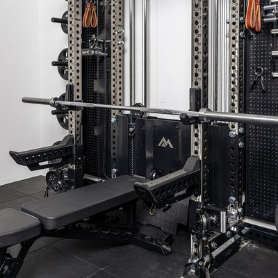 Standard length Spotter Arms 2.0 installed on a Wall-Mounted Ares 2.0 for bench press