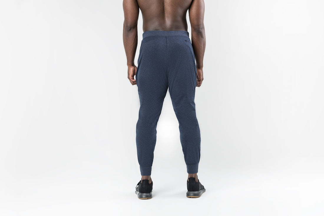 The REP Fitness Men's Apollo Joggers in Heather Navy back