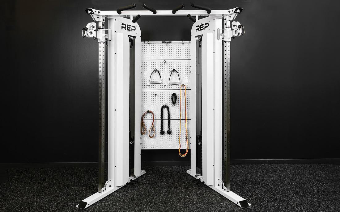 Straight on shot of white version of Arcadia™ max with attachments on the pegboards
