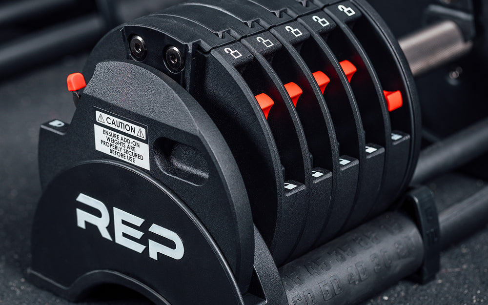 Close-up view of one side of the REP Fitness QuickDraw Adjustable Dumbbell.