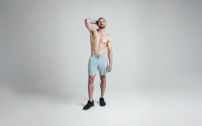 Athlete wearing dusty blue versa shorts
