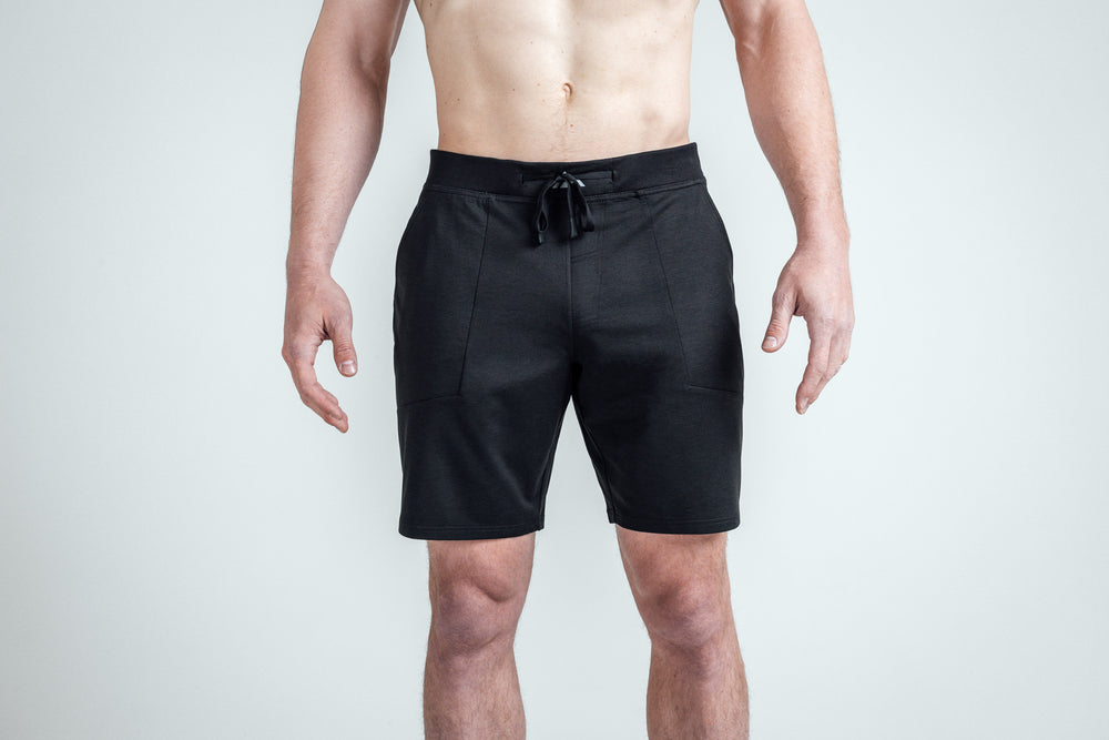Front Shot: Athlete wearing REP’s Men’s Apollo Shorts with a 9 inch inseam in Heather Black/Cool Gray