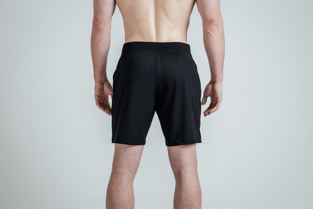 Rear shot of REP’s Men’s Apollo Shorts with a 9 inch inseam in Heather Black/Cool Gray on an athlete