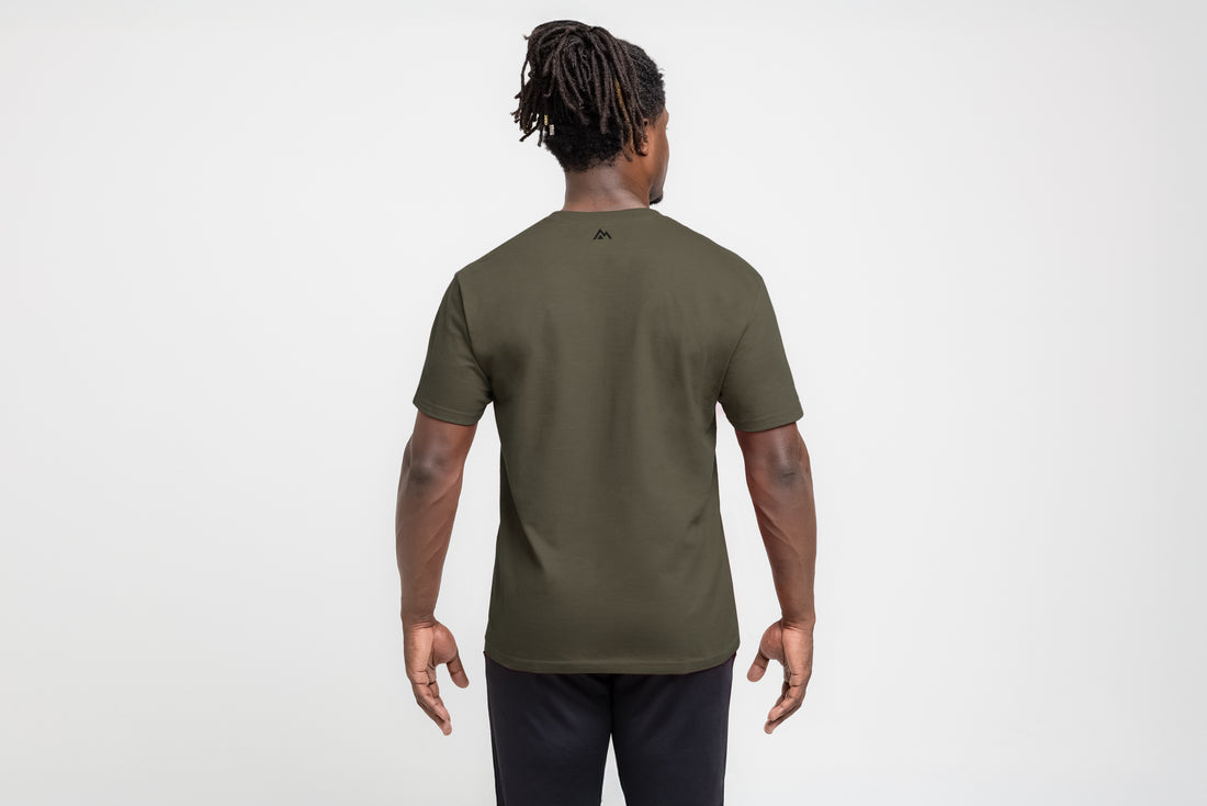 The REP Fitness Men's Bulk Up Heavyweight Crew T-Shirt in Olive/Black back, on model