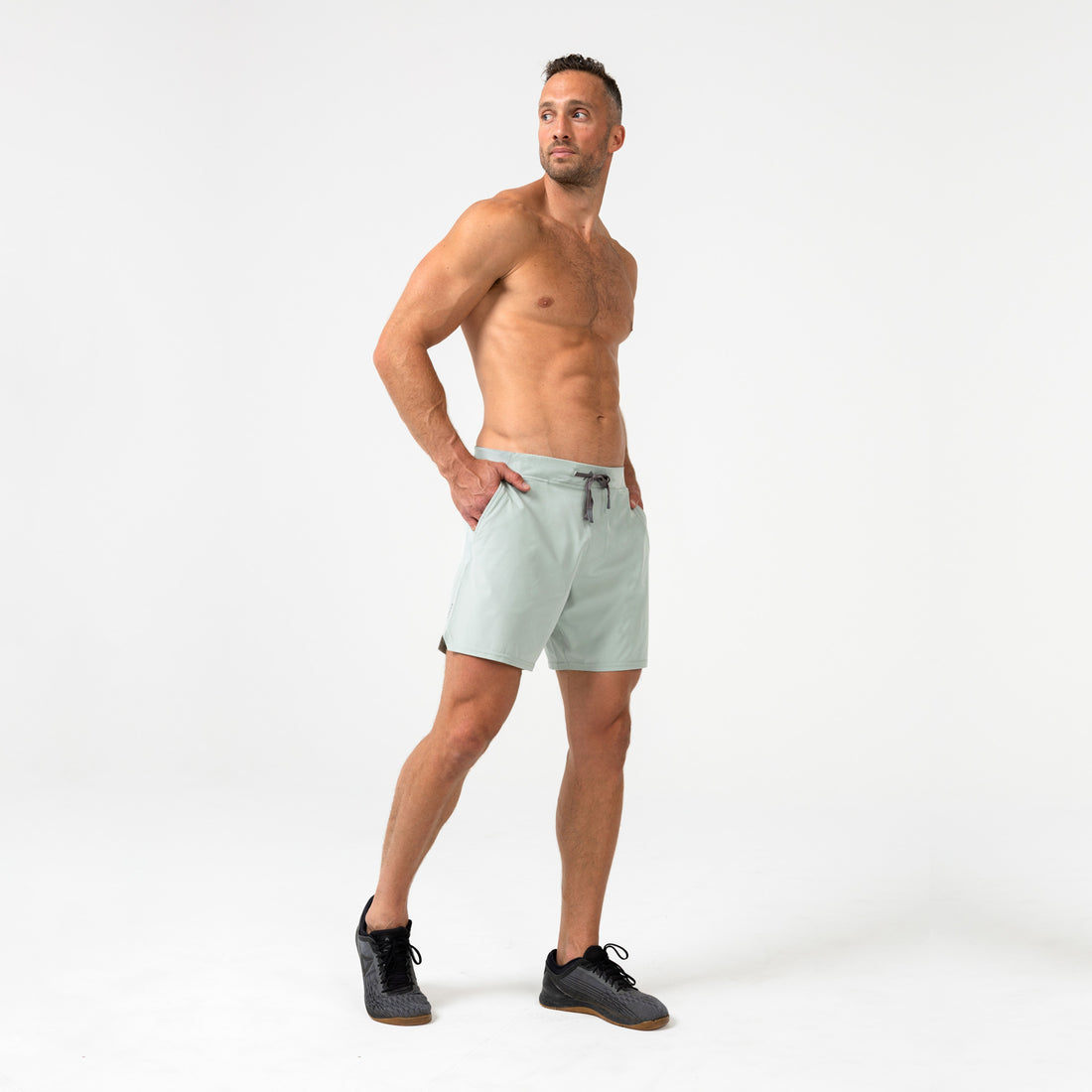 The REP Fitness Men's Pinnacle Shorts in Aqua Gray on body, pocket detail
