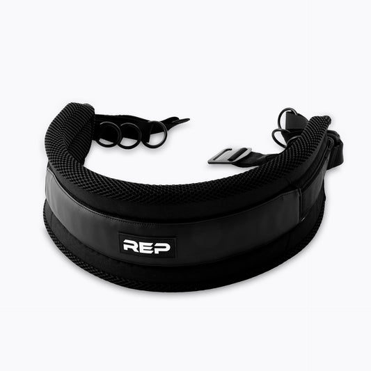 Black weightlifting belt squat belt with 'REP' branding on a white background