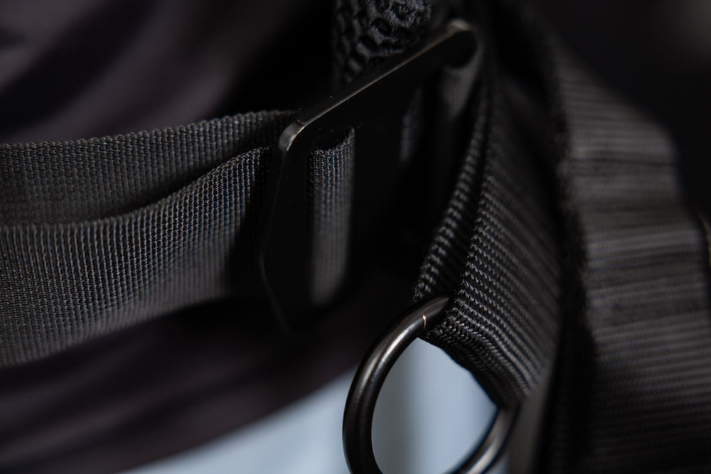 Close-up of the belt squat belt, g-hook mechanism, and o-ring