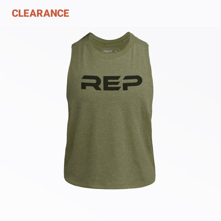 REP Women's Daily Driver Cropped Dual-Blend Tank in Olive with a Black graphic