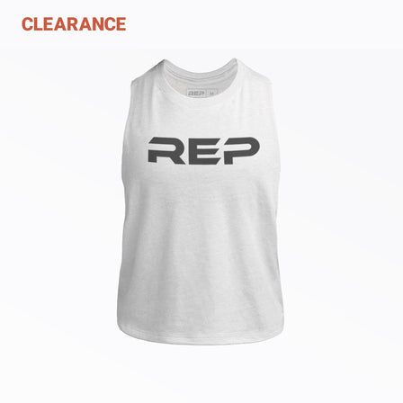 REP Women's Daily Driver Cropped Dual-Blend Tank in White with a Navy graphic