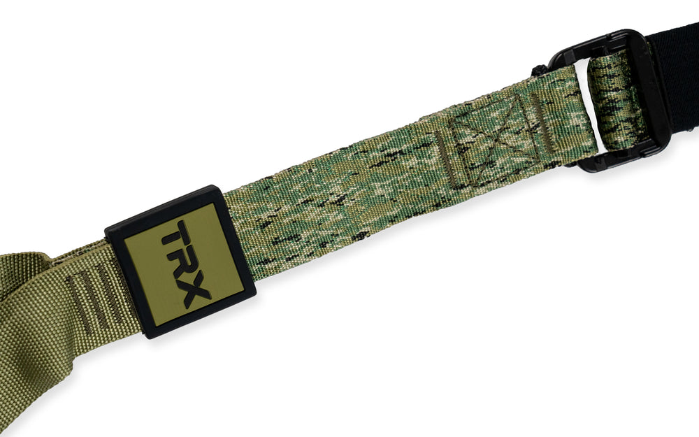 Close up: Highlighting the Camo webbing pattern on the TRX® Pro4 Camo Suspension Trainer
