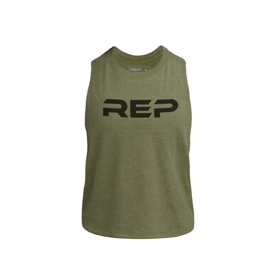 The REP Fitness Women's Daily Driver Cropped Dual-Blend Tank in Heather Olive/Black front