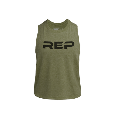 The REP Fitness Women's Daily Driver Cropped Dual-Blend Tank in Heather Olive/Black front