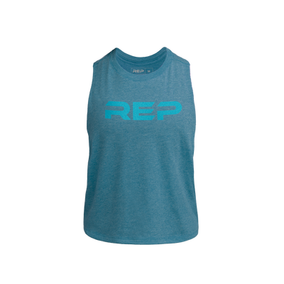 The REP Fitness Women's Daily Driver Cropped Dual-Blend Tank in Heather Teal/Teal front