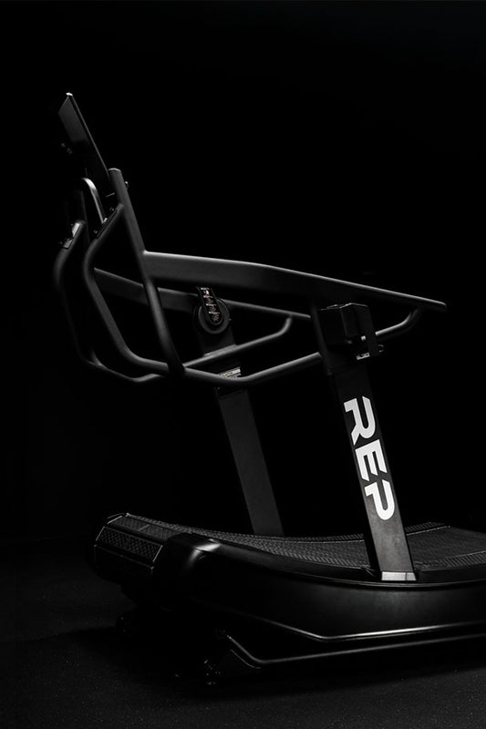 Coming Soon - Black Strive™ Treadmill with 'REP' branding on a black background