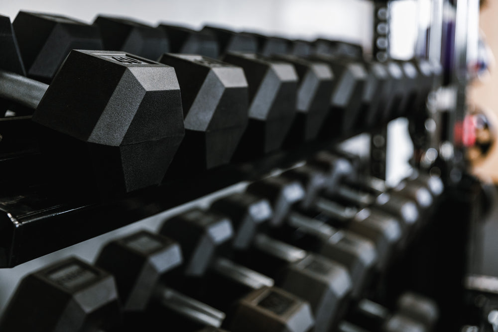 Off-Rack Storage - Close up of Dumbbell Storage Shelf holding dumbbells