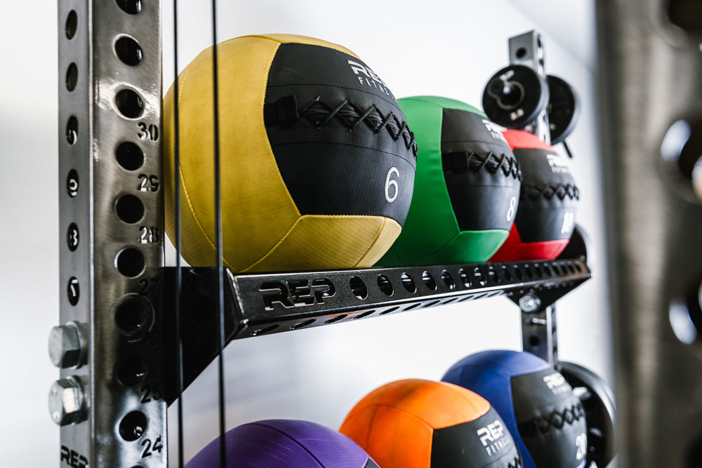 Ball & Plate Storage Shelf holding REP medicine balls