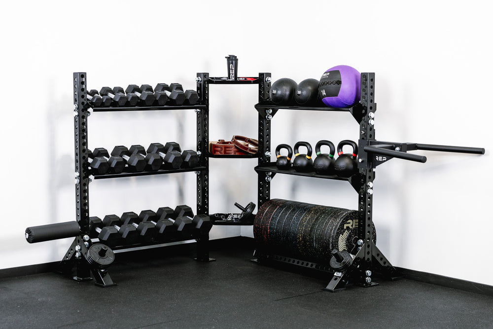 Stand-Alone Modular Storage System. Corner Shelf Unit holding dumbbells, slam balls, medicine balls, kettlebells, bumper plates, attachments, and small accessories