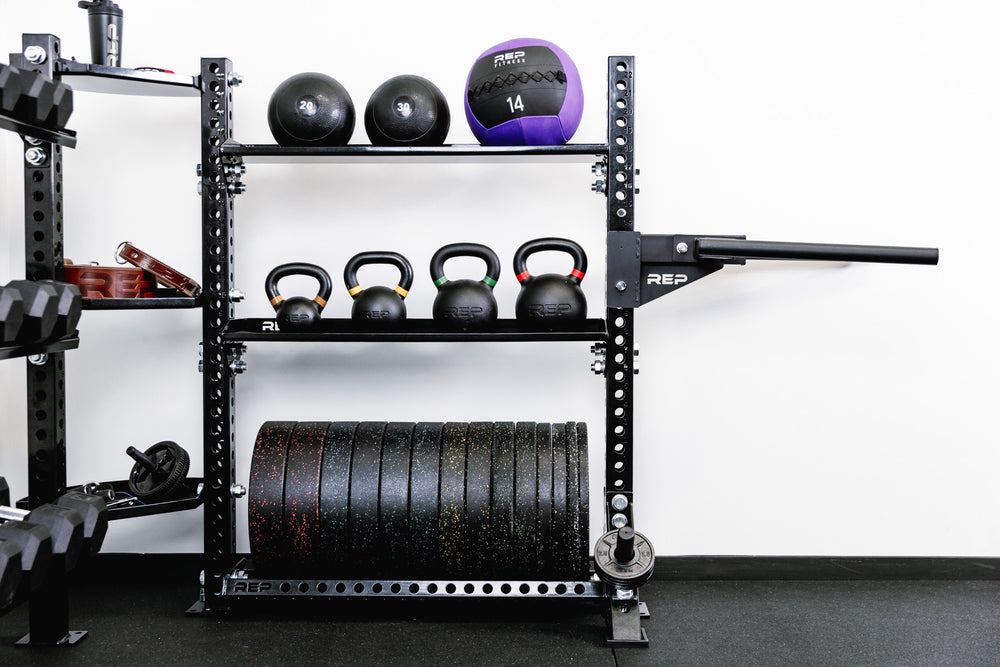 Ball & Plate Storage Shelf holding bumper plates