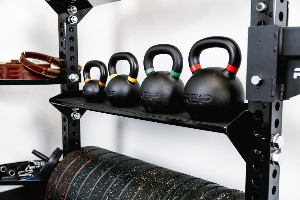 Stand-Alone Modular Storage System - Close up of Kettlebell Shelf holding REP Kettlebells