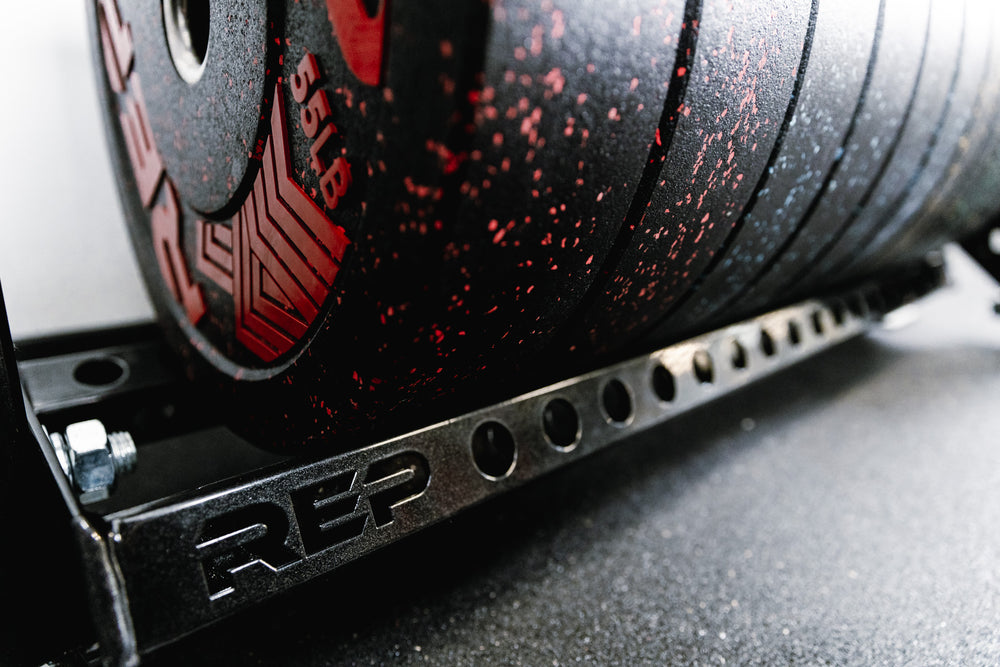 Ball & Plate Storage Shelf - Close Up of Bumper Plates on Shelf