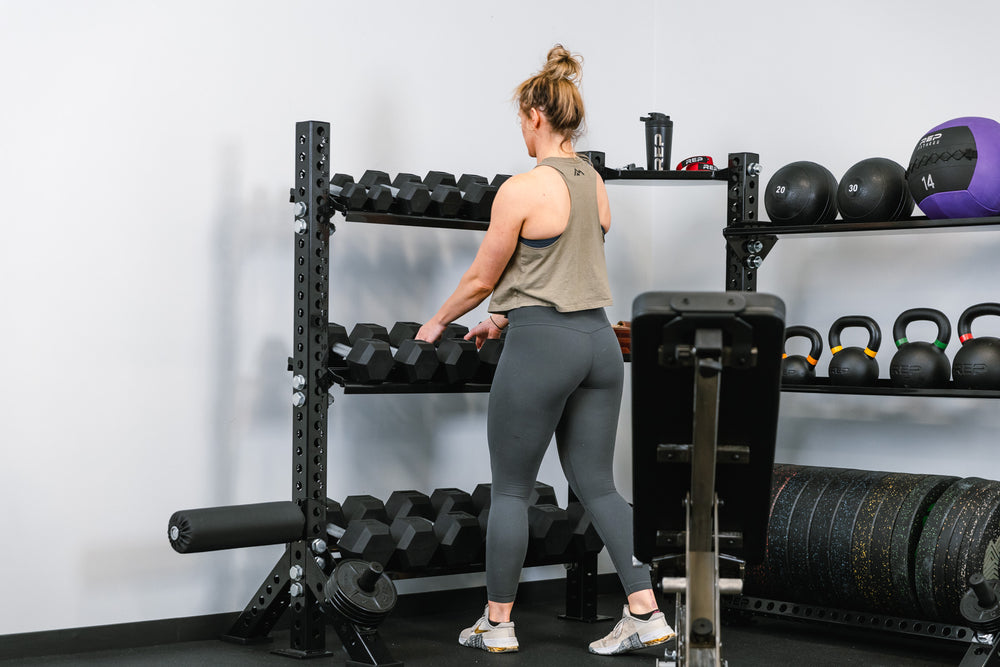 Removing Hex Dumbbells off of Dumbbell Storage Shelf on a Corner Shelf stand-alone Unit