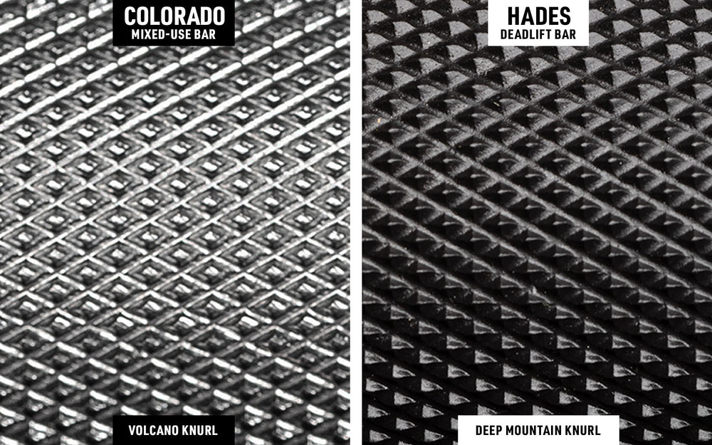 Colorado Bar volcano knurling compared to Hades Deadlift Bar deep mountain knurling.