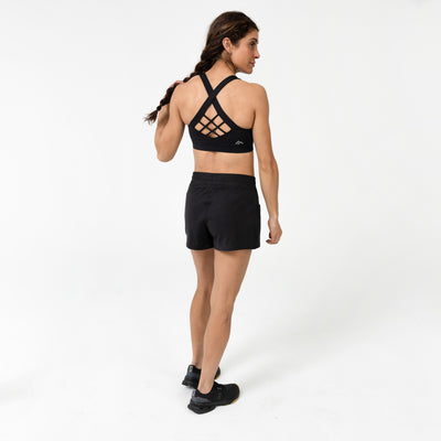 Rear shot of an athlete posing in Black Lattis bra