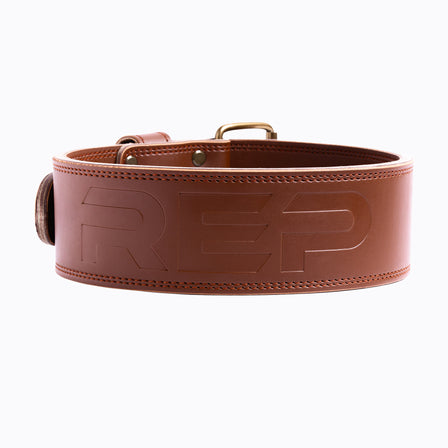 Studio-shot: REP Leather Lifting Belt in Brown with brass finished stainless-steel hardware and a debossed REP logo