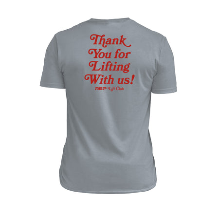 The REP fitness Lift Club Tri-Blend Crew T-Shirt in Heather Flint/Red