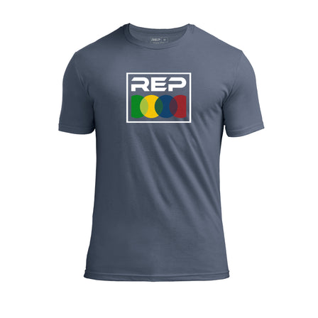 The REP fitness Stacked Tri-Blend Crew T-Shirt in Heather Navy/White