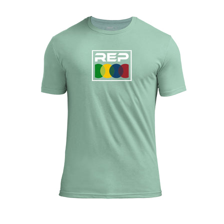 The REP fitness Stacked Tri-Blend Crew T-Shirt in Heather Sage/White