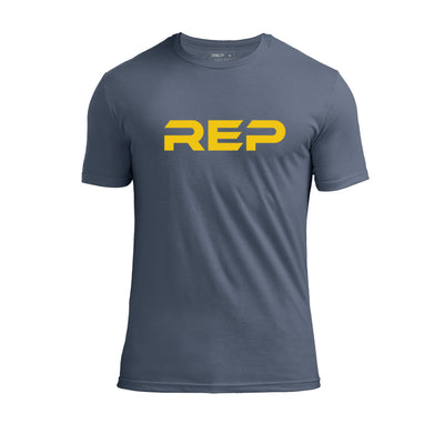 The REP Fitness Men's Daily Driver 2.0 Tri-Blend Crew T-Shirt in Heather Navy/Yellow
